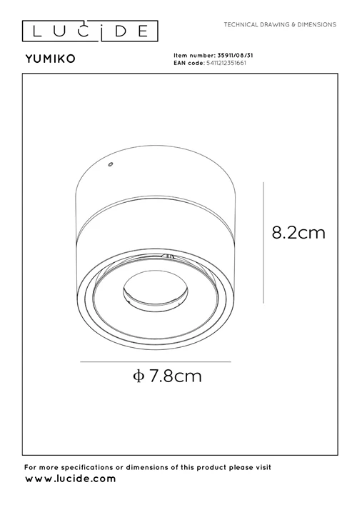 Lucide YUMIKO - Ceiling spotlight - Ø 7,8 cm - LED Dim. - 1x10W 2700K - White - technical